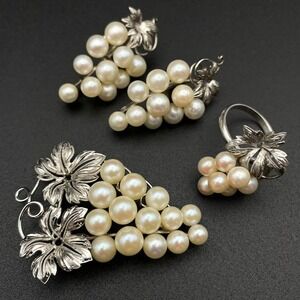 Vintage Silver Demi‎ Parure Japan Akoya Pearl Grape Cluster Brooch Earrings Ring